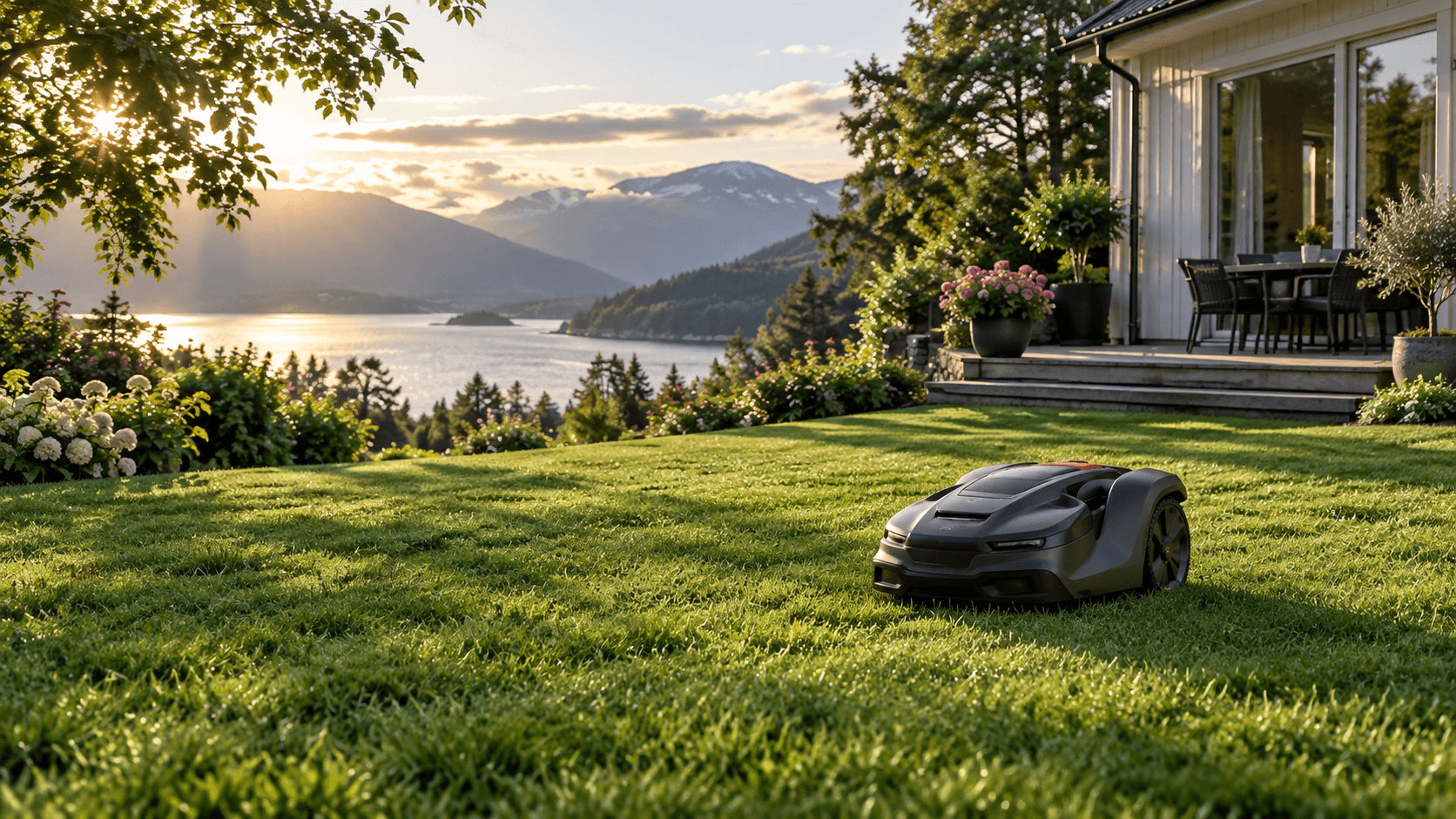 Robotgressklipper på en solbelyst plen ved et hvitt hus, med fjord og fjell i bakgrunnen