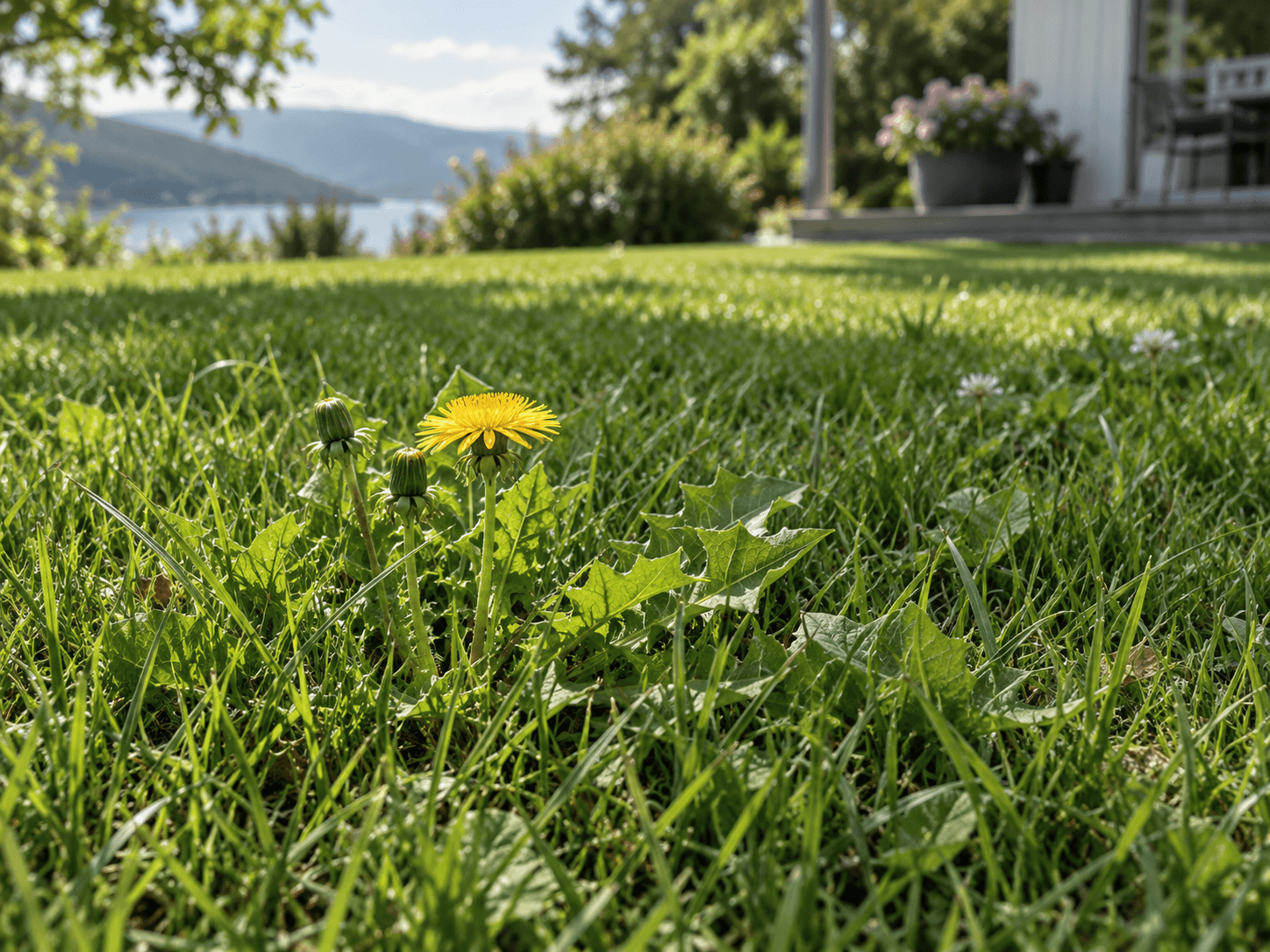 Løvetann med gul blomst og knopper i plenen
