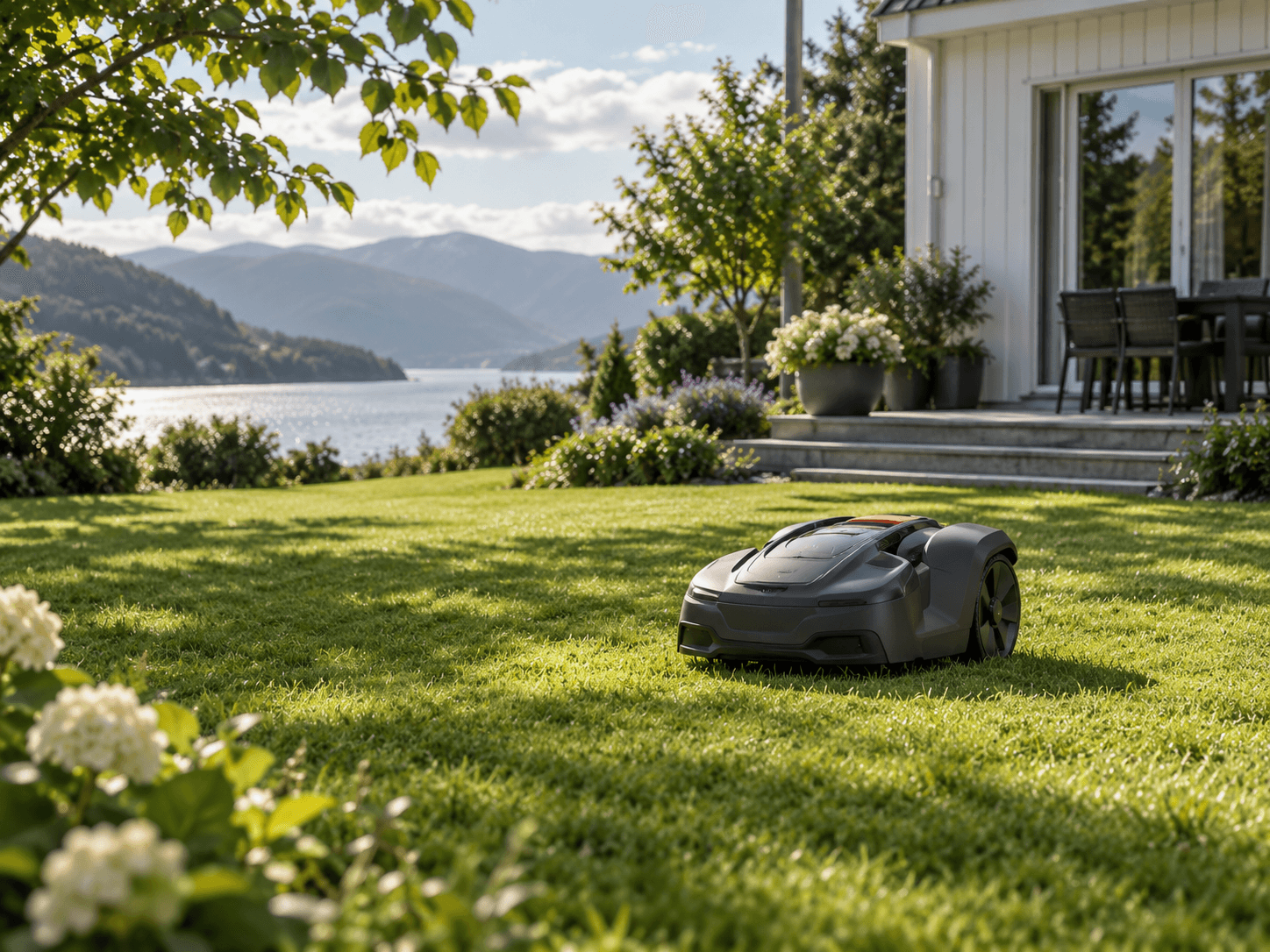 Robotgressklipper på en plen ved et hvitt hus med utsikt over fjorden