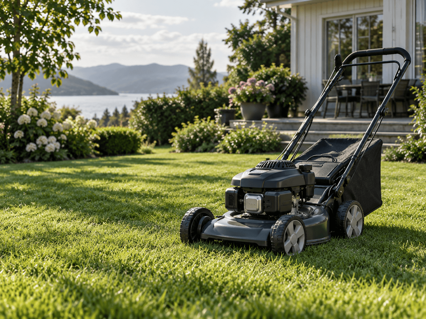 Gressklipper på en klippet plen foran et hvitt hus